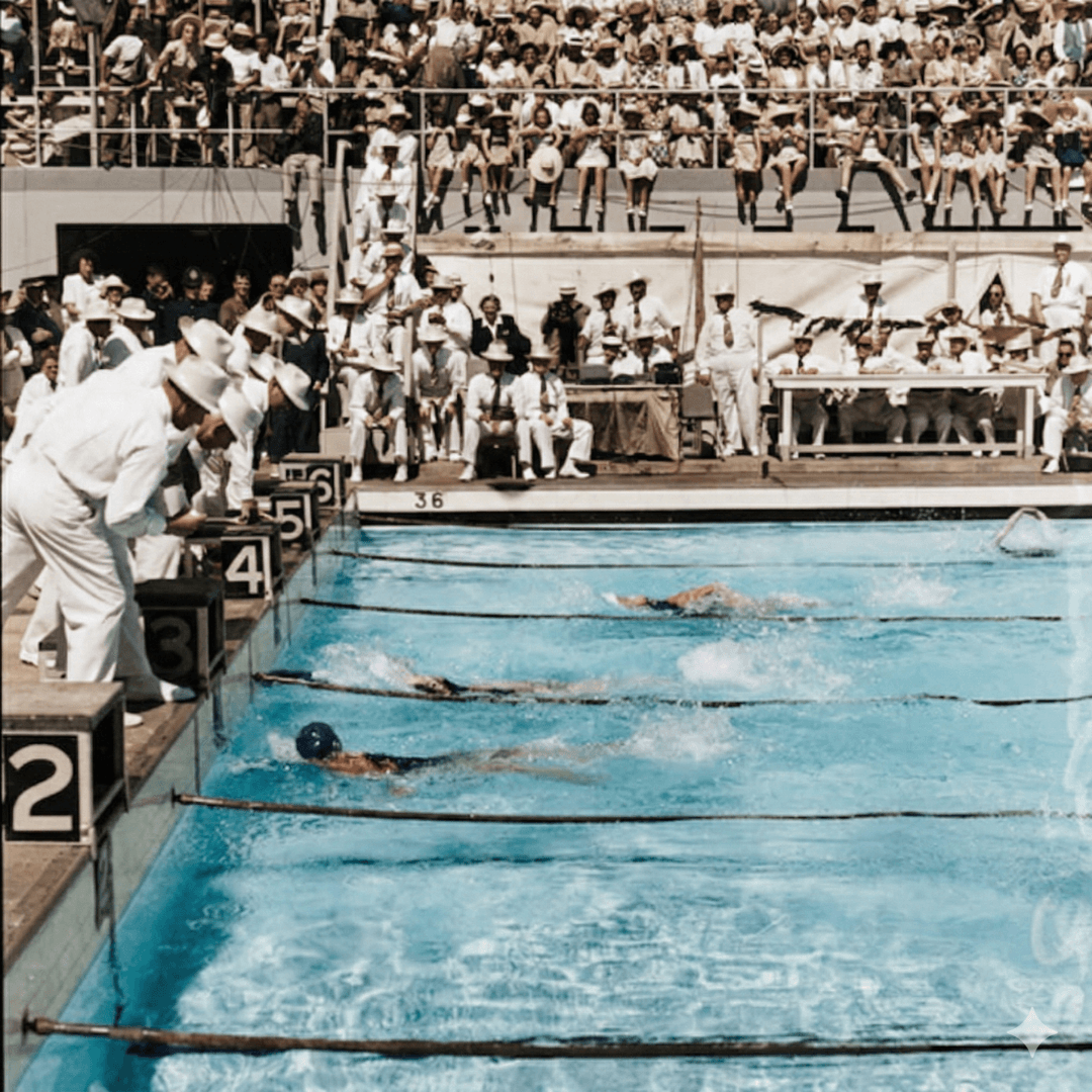 Colourised photo of swimming race at the Olympic Pool